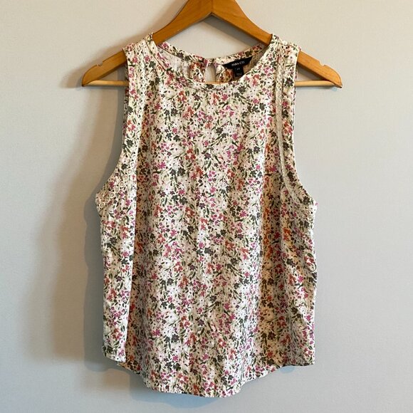 Linen Blend Pink Floral Print Tank Top Blouse with Lace Crochet, Button Keyhole - Picture 2 of 14
